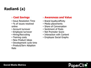 Radian6 (a)

       › Cost Savings             › Awareness and Value
       • Issue Resolution Time    •   Brand loyalty/a...