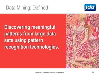 Data Mining: Defined


Discovering meaningful
patterns from large data
sets using pattern
recognition technologies.



   ...