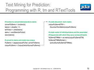 Text Mining for Prediction:
 Programming with R, tm and RTextTools

# function to convert tokens/words to stems           ...