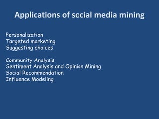 Applications of social media mining
Personalization
Targeted marketing
Suggesting choices
Community Analysis
Sentiment Analysis and Opinion Mining
Social Recommendation
Influence Modeling
 
