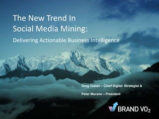 The New Trend In
Social Media Mining:
Delivering Actionable Business Intelligence

Greg Tozian – Chief Digital Strategist &
Peter Murane – President

 