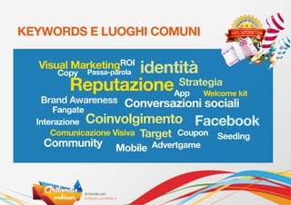 KEYWORDS E LUOGHI COMUNI

  Visual MarketingROI
      Copy   Passa-parola   identità
         ReputazioneApp Welcome kit
                     Strategia
   Brand Awareness     Conversazioni sociali
       Fangate
  Interazione Coinvolgimento         Facebook
      Comunicazione Visiva Target Coupon   Seeding
    Community Mobile Advertgame
 