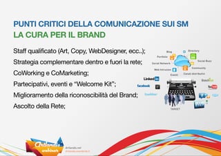PUNTI CRITICI DELLA COMUNICAZIONE SUI SM
LA CURA PER IL BRAND
Staff qualificato (Art, Copy, WebDesigner, ecc..);              Blog               Directory

                                                        Portfolio

Strategia complementare dentro e fuori la rete;      Social Network
                                                                                           Social Buzz

                                                                                      Community

CoWorking e CoMarketing;
                                                      Web Intrusion

                                                                      Eventi   Canali distributivi



Partecipativi, eventi e “Welcome Kit”;
Miglioramento della riconoscibilità del Brand;
Ascolto della Rete;                                                   TARGET
 