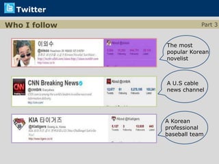 Twitter

Who I follow               Part 3


               The most
               popular Korean
               novelist



               A U.S cable
               news channel




               A Korean
               professional
               baseball team
 