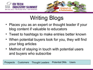 Writing Blogs
• Places you as an expert or thought leader if your
  blog content if valuable to educators
• Tweet to hashtags to make entries better known
• When potential buyers look for you, they will find
  your blog articles
• Method of staying in touch with potential users
  and buyers who subscribe

Prospects   Customers   Thought Leaders   Potential DMs   Users
 