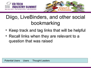Diigo, LiveBinders, and other social
            bookmarking
• Keep track and tag links that will be helpful
• Recall links when they are relevant to a
  question that was raised



Potential Users   Users   Thought Leaders
 