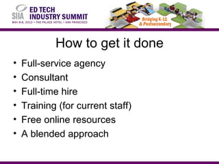 How to get it done
•   Full-service agency
•   Consultant
•   Full-time hire
•   Training (for current staff)
•   Free online resources
•   A blended approach
 