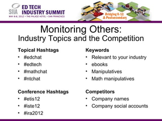 Monitoring Others:
Industry Topics and the Competition
Topical Hashtags      Keywords
• #edchat             • Relevant to your industry
• #edtech             • ebooks
• #mathchat           • Manipulatives
• #ntchat             • Math manipulatives

Conference Hashtags   Competitors
• #etis12             • Company names
• #iste12             • Company social accounts
• #ira2012
 
