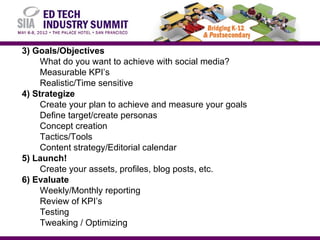 3) Goals/Objectives
     What do you want to achieve with social media?
     Measurable KPI’s
     Realistic/Time sensitive
4) Strategize
     Create your plan to achieve and measure your goals
     Define target/create personas
     Concept creation
     Tactics/Tools
     Content strategy/Editorial calendar
5) Launch!
     Create your assets, profiles, blog posts, etc.
6) Evaluate
     Weekly/Monthly reporting
     Review of KPI’s
     Testing
     Tweaking / Optimizing
 