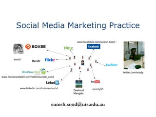 Social Media Marketing Practice
suresh.sood@uts.edu.au
Geektoid
Mangala
www.linkedin.com/in/sureshsood
twitter.com/soody
www.facebook.com/suresh.sood -
ssood
www.bravenewtalent.com/talent/suresh_sood
Hero5!
scuzzy55
 