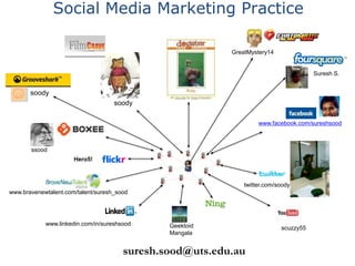 Social Media Marketing Practice
suresh.sood@uts.edu.au
Geektoid
Mangala
www.linkedin.com/in/sureshsood
twitter.com/soody
www.facebook.com/sureshsood
ssood
www.bravenewtalent.com/talent/suresh_sood
Hero5!
scuzzy55
soody
GreatMystery14
soody
Suresh S.
 