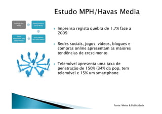 Estudo MPH/Havas Media

Imprensa regista quebra de 1,7% face a
2009

Redes sociais, jogos, videos, blogues e
compras online apresentam as maiores
tendências de crescimento

Telemóvel apresenta uma taxa de
penetração de 150% (34% da pop. tem
telemóvel e 15% um smartphone




                             Fonte: Meios & Publicidade
 