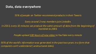 53% of people on Twitter recommend products in their Tweets
Every second 2 new members join LinkedIn.
In 2013, every 10 minutes we produce the same amount of data from the beginning of
mankind to 2003.
People upload 100 hours of new video to YouTube every minute
90% of the world's information was generated in the past two years in a form that
computers can't understand ( unstructured data).
Data, data everywhere
 