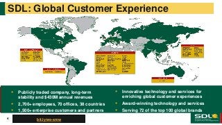 4
SDL: Global Customer Experience
4
 Publicly traded company, long-term
stability and $430M annual revenues
 2,700+ employees, 70 offices, 38 countries
 1,500+ enterprise customers and partners
 Innovative technology and services for
enriching global customer experiences
 Award-winning technology and services
 Serving 72 of the top 100 global brands
(Source: Interbrand 2012)
bit.ly/ws-smw
 