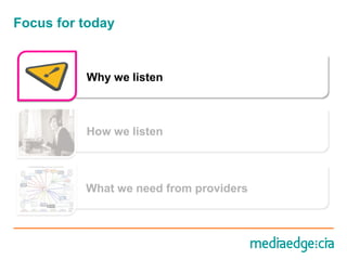 Focus for today


          Why we listen



          How we listen



          What we need from providers
 