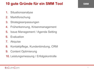 10 gute Gründe für ein SMM Tool           SMM


1. Situationsanalyse
2. Marktforschung
3. Strategieanpassungen
4. Früherke...