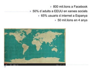 800 mil.lions a Facebook50% d´adults a EEUU en xarxes socials65% usuaris d internet a Espanya50 mil.lions en 4 anys
