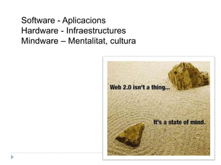 Concepte de crowdsourcing, col.laboració: ”El poder de les organitzacion sense organització”Grupstancats i companyies donaran pas a xarxesmés laxes en les qualspetitescontribucionsjuguen un rol important i la cooperació fluida substitueix formes rígides de planificació (ClayShirky)Goldcorp. Inc., una companyia minera  consideravagairebéesgotada la seva mina. El seu Ceo, RobMcEwen, aprovava  una inversió de 10 mil.lions de dòlars per trobarnousjaciments. La investigació va tenirèxitperò identificar el llocexactedelsfilons era excessivamentcomplicat i car per alsinvestigadors de l´empresa. Casualment el CEO assistia a una conferència sobre Linux  i pensava en aplicar la mateixafilosofia a la mineria.  Al  2000 proposava un concurspúblicdifonent tota la informaciógeològica disponible, oferint un premi de $575.000. Quan va acabar haviarebutpropostes de matemàtics, geòlegs, estudiants i militars, amb 110 nouspossiblesjaciments i una tasa d´èxit del 80%….Goldcorppassava de 100 mil.lions de dólars en facturació a 9 bil.lions.…  (Wikinomics)                            
