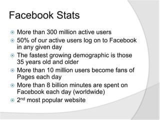 Facebook StatsMore than 300 million active users50% of our active users log on to Facebook in any given dayThe fastest growing demographic is those 35 years old and olderMore than 10 million users become fans of Pages each dayMore than 8 billion minutes are spent on Facebook each day (worldwide)2nd most popular website