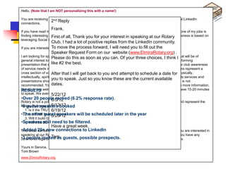 Hello,

You are receiving this open Speaker Invitation Request specifically because you are one on my fairly local LinkedIn
connections.
            2nd Reply

          Case Study – LinkedIn Rotary Speaker
           Frank,
If you have read my profile, you might be aware that I am currently the VP of the Elmira Rotary Club and one of my jobs is
finding interesting guest speakers for ourfor your interest inI speaking at our Rotary and my business is based on
              First of all, Thank you lunch program. Since am a big fan of Social Media
leveraging Social Media I thought I would try using LinkedIn to find a few guest speakers.
              Club. I had a lot of positive replies from the LinkedIn community.
If you are interested in being process forward, Iare a need you to to consider.
              To move the a guest speaker, here will few guidelines fill out the
              Speaker Request Form on our website (www.ElmiraRotary.org) .
•Needed to get newwith a topic of informational, educational, motivational or entertainment value that will be of
              for speakers and fresh speakers.
I am looking Please do this as soon as you can. Of your three choices, I think I
general interest to all club members. Our Club is always seeking speakers that have an interesting and informing
•Decided likesend a best.
presentation to enhances our mission of philanthropic giving. We welcome speakers who can further our club awareness
               that #2 the geographically targeted email to EVERYONE.
of service needs in our community, the national, or international community at-large. Additionally, Rotarians represent a
         •500+ Total People in network
cross section of vocations will contribute to the health and well being of our community; economically, physically,
              After that I that get back to you and attempt to schedule a date for
intellectually, spiritually, socially andwithin 50 mile geographic radius (325+) business or its services and
         •Only sentspeak. Just so you know these are thenot promote a specific
              you to to people creatively. Presentations should current available
presentations should be mostly non-political and non-sectarian. Directly soliciting purchases or donations is not
              dates.
recommended. You are welcome to stay after the meeting and speak with interested Rotarians and share more information.
Handouts are welcome. We meet every Tuesday, noon to 1:00pm at the Elmira Holiday Inn. You would have 15-20 minutes
RESULTS
to speak. We average about 45 members at each meeting.
              5/22/12
•Over 20 people replied (6.2% response rate).
         6/5/12
Rotary is not a political or religious organization, therefore your topic should appeal to a wide audience and represent the
Rotary "four 6/12/12 of booked
•8 guest speakers all we say and do:
               way test"
  1. Is it the 6/19/12
               TRUTH?
•The other guest speakers will be scheduled later in the year
  2. Is it FAIR to all concerned?
               6/26/12
  3. Will it build GOODWILL and BETTER FRIENDSHIPS?
•Speakers BENEFICIAL toall concerned?
  4. Will it be still need to be filtered.
             Have a great week.
•Added 20+ newto be a little longer to LinkedIn so if you are still reading this, Thank You. If you are interested in
This email turned out connections than I anticipated,
speaking at our Rotary Club, please reply or fill out the application at http://bit.ly/GSakA7 . And finally, if you have any
•3 peopleTom using LinkedIn aspossible prospects.
comments regarding as guests, venue to obtain guest speakers, I would love to hear your thoughts.
             invited

Yours in Service,
Tom Brown
www.ElmiraRotary.org
 