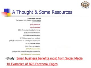 A Thought & Some Resources




•Study: Small business benefits most from Social Media
•10 Examples of B2B Facebook Pages
 