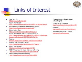 Links of Interest
   Your Turn To                                                  Personal Links – This is about
    http://www.yourturnto.com                                     networking! 
   Rotary District 7120                                          •This is Me on Facebook
    https://www.facebook.com/groups/326628367381646/?ref=ts       https://www.facebook.com/tombrown69
   Rotarians on Social Networks Fellowship (ROSNF)
                                                                  •LinkedIn
    https://www.facebook.com/groups/rosnf/
                                                                  http://www.linkedin.com/in/tombrownjr
   Elmira Rotary Club
    https://www.facebook.com/ElmiraRotaryClub                     •About.Me gets you a LOT more
   Rotary District 5130 Rotary Leadership Institute              http://about.me/tombrownjr
    https://www.facebook.com/pages/Rotary-District-5130-Rotary-
    Leadership-Institute/117007538311421?ref=ts
   Rotaract
    Rotoract https://www.facebook.com/rotaractor?ref=ts
   Dancing with our Stars (DWOS)
    https://www.facebook.com/Elmira.Rotary.DWOS?
   Rotary International
    http://www.linkedin.com/company/10422
   ROSNF: Rotarians On Social Networks Fellowship
     http://www.linkedin.com/groups?gid=2398355
   Official Rotary International Group
     http://www.linkedin.com/groups?gid=858557
 