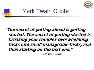Mark Twain Quote


“The secret of getting ahead is getting
  started. The secret of getting started is
  breaking your complex overwhelming
  tasks into small manageable tasks, and
  then starting on the first one.”
                   -Mark Twain
 