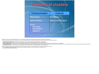 Theoretical clusters
Communication Cultural
Media theory Dimensions
Agenda-Setting Hall’s Cultural Factors
Social
• Exchange
• Penetration
• Network
While the bulk of the unit is unashamedly “hands-on”, more traditional subjects (history, ethics and communication theory) will be incorporated).
There are two subsets of theories: communication (as part of the broader approach to understand social media) and Cultural (as part of the international dimension)
!• Marshall McLuhan’s Media Theory: The media is the message’. That it’s the media that will transform society, not the message. 
• Agenda-setting theory: Perhaps a link to ties in with week ?? (the media). Just who sets the agenda (Seems little research on this).
• Social exchange theory: We communicate because we exchange rewards and costs (not ﬁnancial). Analyses the cost-beneﬁt of contributing to a social exchange (ie., a SM platform).
• Social penetration theory: That humans form close relationships through self-disclosure. Relationships become more intimate over a period of time when more personal information is revealed. Applied to SM, that may explain the appeal of Facebook and Twitter.
• Social Network theory. How the social structure of relationships around a person, group, or organisation affects beliefs or behaviours
!Within the international sphere, cultural implications of PR are covered with a lecture on international PR, and a comparison of PR campaigns. Theories 
• Within Hofstede’s Cultural Dimensions, we examine the the notion and dimensions of culture and identity (“a concept of self”)
• We also study Hall’s high and low-context
 
