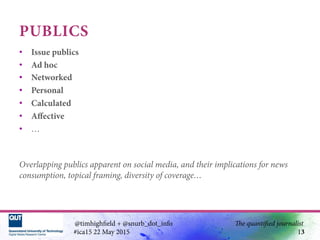 PUBLICS
•  Issue publics
•  Ad hoc
•  Networked
•  Personal
•  Calculated
•  Aﬀective
•  …
Overlapping publics apparent on...
