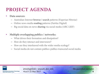 PROJECT AGENDA
•  Data sources:
–  Australian Internet browse / search patterns (Experian Hitwise)
–  Online news media re...