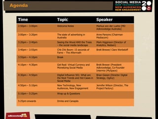 Agenda


  Time              Topic                              Speaker
  2:50pm – 3:00pm   Welcome Notes                 ...