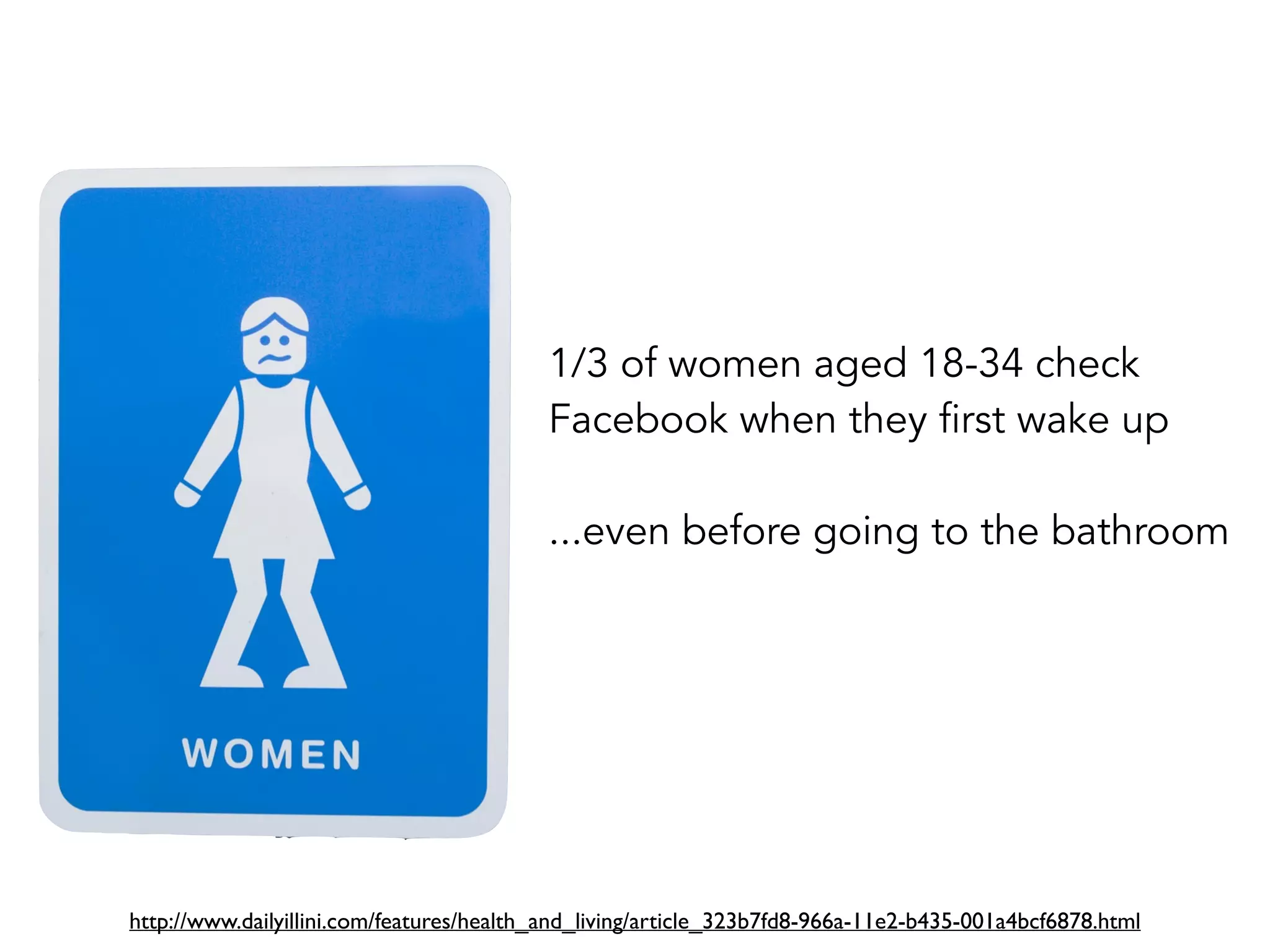 1/3 of women aged 18-34 check 
Facebook when they first wake up 
...even before going to the bathroom 
http://www.dailyillini.com/features/health_and_living/article_323b7fd8-966a-11e2-b435-001a4bcf6878.html 
 