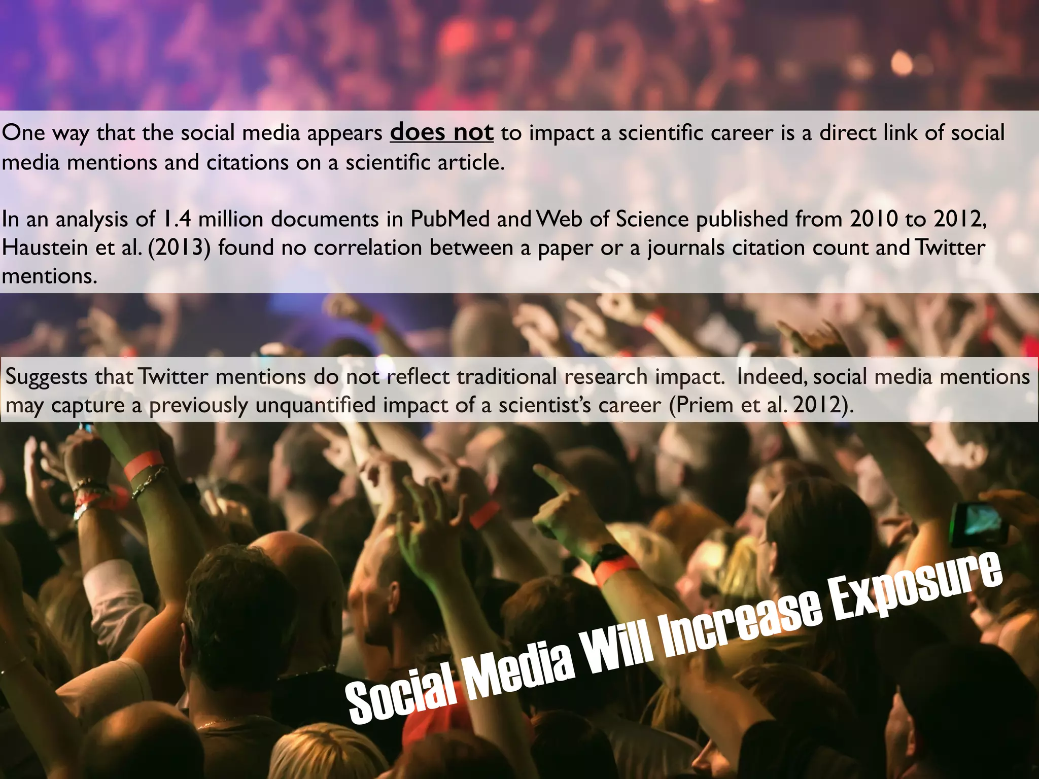 One way that the social media appears does not to impact a scientific career is a direct link of social 
media mentions and citations on a scientific article. 
In an analysis of 1.4 million documents in PubMed and Web of Science published from 2010 to 2012, 
Haustein et al. (2013) found no correlation between a paper or a journals citation count and Twitter 
mentions. 
Suggests that Twitter mentions do not reflect traditional research impact. Indeed, social media mentions 
may capture a previously unquantified impact of a scientist’s career (Priem et al. 2012). 
Social Media Will Increase Exposure 
 