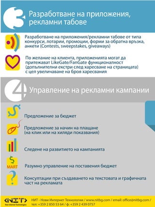 НИТ - Нови Интернет Технологии / www.nitbg.com / email: office@nitbg.com /
тел: +359 2 850 53 64 / ф: +359 2 439 0757
3Разработване на приложения,
рекламни табове
Разработване на приложения/рекламни табове от типа
конкурси, лотарии, промоции, форми за обратна връзка,
анкети (Contests, sweepstakes, giveaways)
По желание на клиента, приложенията могат да
притежават LikeGate/FanGate функционалност
(допълнителни екстри след харесване на страницата)
с цел увеличаване на броя харесвания
Предложение за бюджет
Предложение за начин на плащане
(на клик или на хиляди показвания)
Следене на развитието на кампанията
Разумно управление на поставения бюджет
Консултации при създаването на текстовата и графичната
част на рекламата
MART
Управление на рекламни кампании
4
 