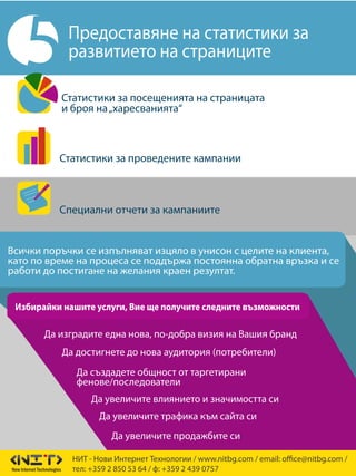 Статистики за посещенията на страницата
и броя на„харесванията“
Статистики за проведените кампании
Специални отчети за кампаниите
5 Предоставяне на статистики за
развитието на страниците
5
Да изградите една нова, по-добра визия на Вашия бранд
Да достигнете до нова аудитория (потребители)
Да създадете общност от таргетирани
фенове/последователи
Да увеличите влиянието и значимостта си
Да увеличите трафика към сайта си
Да увеличите продажбите си
Избирайки нашите услуги, Вие ще получите следните възможности
НИТ - Нови Интернет Технологии / www.nitbg.com / email: office@nitbg.com /
тел: +359 2 850 53 64 / ф: +359 2 439 0757
Всички поръчки се изпълняват изцяло в унисон с целите на клиента,
като по време на процеса се поддържа постоянна обратна връзка и се
работи до постигане на желания краен резултат.
 