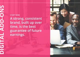 START NOW
A strong, consistent
brand, built up over
time, is the best
guarantee of future
earnings.
DIGITALADD-ONS
 