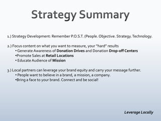 Strategy Summary1.) Strategy Development: Remember P.O.S.T. (People. Objective. Strategy. Technology.2.) Focus content on what you want to measure, your “hard” results  Generate Awareness of Donation Drives and Donation Drop-off Centers