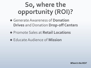 So, where the opportunity (ROI)?Generate Awareness of Donation Drives and Donation Drop-off CentersPromote Sales at Retail LocationsEducate Audience of MissionWhere’s the ROI?