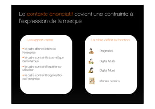 Le contexte énonciatif devient une contrainte à
l’expression de la marque


    Le support-cadre                  La cible définit la fonction

    le cadre définit l’action de
                                            Pragmatics
 l’entreprise
  le cadre contraint la cosmétique
 de la marque                               Digital Adults
   le cadre contraint l’expérience
 utilisateur                                Digital Tribes
  le cadre contraint l’organisation
 de l’entreprise
                                            Mobiles centrics
 
