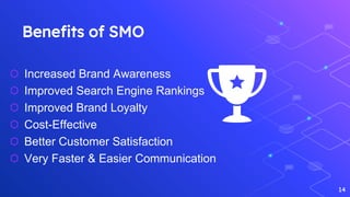 Benefits of SMO
14
⬡ Increased Brand Awareness
⬡ Improved Search Engine Rankings
⬡ Improved Brand Loyalty
⬡ Cost-Effective
⬡ Better Customer Satisfaction
⬡ Very Faster & Easier Communication
 