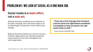 Problem#1: We LookAt Social As A one Man Job.
“ There was a time long ago when dinosaurs
ruled the earth and organizations considered
it acceptable to have one person who ‘got’
social media on staff. ”
- Andrew Hanelly, McMURRY/TMG
Andrea Hanelly, July 11, 2014. “Death of the Social Media Guy.” McMURRY/TMG.
Social media is a team effort,
not a solo act.
1) Social should be considered as an extension to
any other campaign. Don’t bolt social media on as
an afterthought. Incorporate it into the DNA of your
strategy.
2) Social should be treated like a tool and not like a
checklist. Organizations are missing the potential
impact social can have when leveraged by the
entire organization.
 