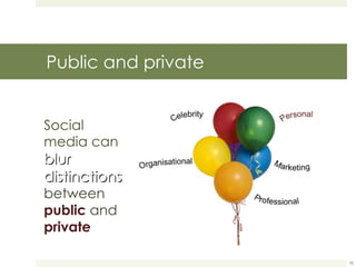 Public and private Social media can  blur  distinctions  between   public   and   private 