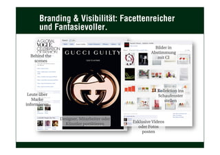 Branding & Visibilität: Facettenreicher
und Fantasievoller.
Bilder in
Abstimmung
mit CI
Exklusive Videos
oder Fotos
posten
Behind the
scenes
Designer, Mitarbeiter oder
Künstler portätieren
Kollektion ins
Schaufenster
stellen
Leute über
Marke
informieren
 