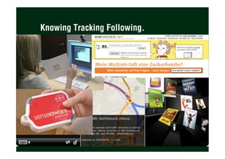 Knowing Tracking Following.
Beispiel: Domino’s Pizza Tracker
Beispiel: The North Face Snow Report iPhone App
Beispiel: iGoogle and RSS feeds
Beispiel: Fed Ex SenseAware tracks conditions of packages
 