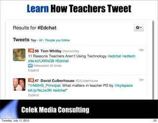 Learn How Teachers Tweet




               Celek Media Consulting      20


Tuesday, July 17, 2012                       ...