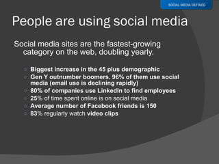 Social media sites are the fastest-growing category on the web, doubling yearly.  Biggest increase in the 45 plus demographic Gen Y outnumber boomers. 96% of them use social media (email use is declining rapidly) 80% of companies use LinkedIn to find employees 25 % of time spent online is on social media Average number of Facebook friends is 150 83 % regularly watch  video clips SOCIAL MEDIA DEFINED 