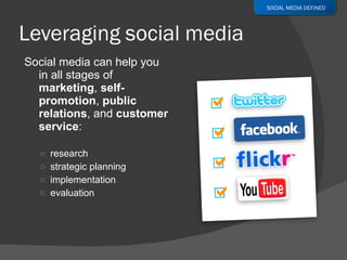 Social media can help you in all stages of  marketing ,  self-promotion ,  public relations , and  customer service :  research strategic planning implementation evaluation SOCIAL MEDIA DEFINED 