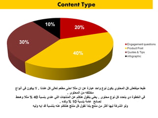 Content Type
‫عندنا‬ ‫كل‬ ‫تعالى‬ ‫مطعم‬ ‫احنى‬ ‫مثال‬ ‫ان‬ ‫عن‬ ‫عبارة‬ ‫واحد‬ ‫نوع‬ ‫يكون‬ ‫المحتوي‬ ‫كل‬ ‫مينفعش‬ ‫طبعا‬.‫أنواع‬ ‫في‬ ‫بيكون‬ ‫ال‬
‫المحتوى‬ ‫من‬ ‫مختلفه‬.
‫محتوى‬ ‫نوع‬ ‫كل‬ ‫بتحدد‬ ‫دي‬ ‫الخطوة‬ ‫في‬.‫بنسبة‬ ‫عندي‬ ‫اللي‬ ‫المنتجات‬ ‫عن‬ ‫هتكلم‬ ‫بتقول‬ ‫يعني‬40%‫وهحط‬ ‫مثال‬
‫بنسبة‬ ‫عامة‬ ‫نصائح‬10%‫وكده‬.
‫وليه‬ ‫ايه‬ ‫قد‬ ‫بنتسبة‬ ‫عنه‬ ‫هتتكلم‬ ‫منتج‬ ‫كل‬ ‫تقول‬ ‫بتدأ‬ ‫منتج‬ ‫من‬ ‫أكثر‬ ‫ليها‬ ‫الشركة‬ ‫ولو‬
 