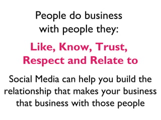 People do business
with people they:
Like, Know, Trust,
Respect and Relate to
Social Media can help you build the
relationship that makes your business
that business with those people
 