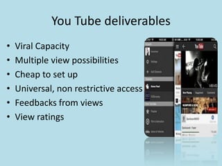 You Tube deliverables
• Viral Capacity
• Multiple view possibilities
• Cheap to set up
• Universal, non restrictive access
• Feedbacks from views
• View ratings
 